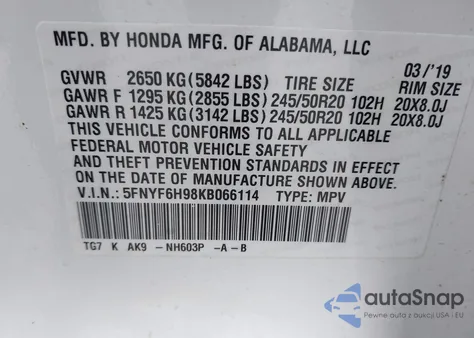 2019 Honda Pilot Touring z USA, uszkodzony, nr VIN 5FNYF6H98KB066114
